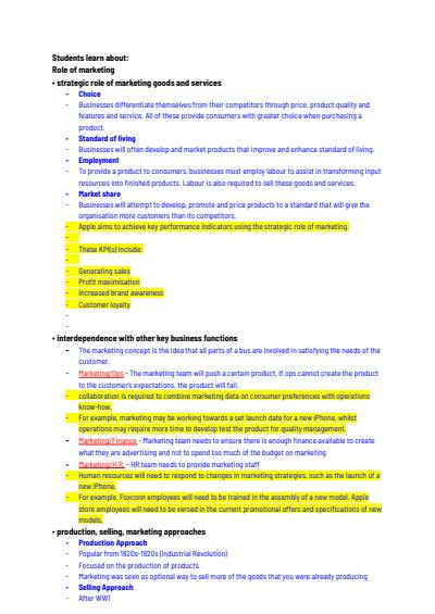 Cover page of Band 6 Business Studies HSC Course (Year 12) Marketing Notes With Apple Case Study