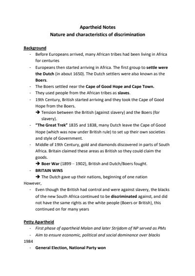 Cover page of APARTHEID PAPER 1 NOTES IB HISTORY HL (Grade 7)