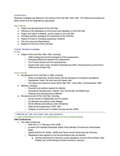 Cover page of Cold War HSC summary - Baulkham Hills High School 2021
