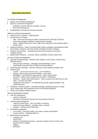 Cover page of Business Studies **EXAM NOTES** - Finance