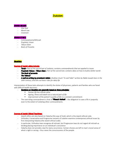 Cover page of Studies of Religion 2 **EXAM NOTES** - Judaism