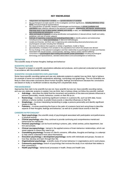 Cover page of VCE PSYCHOLOGY UNITS 3/4 NOTES