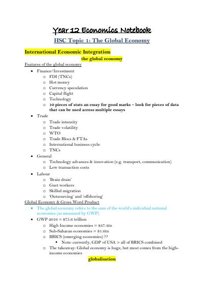 Cover page of COMPLETE BAND 6 NOTES FOR HSC ECONOMICS