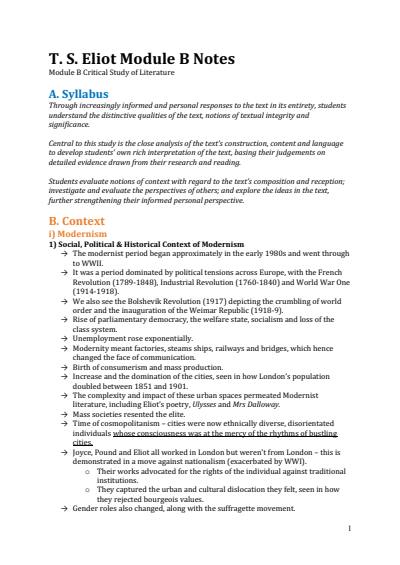 Cover page of TS Eliot Module B Notes — Analysis, Context and Form of All Poems
