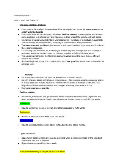 Cover page of Economic notes Unit 1 