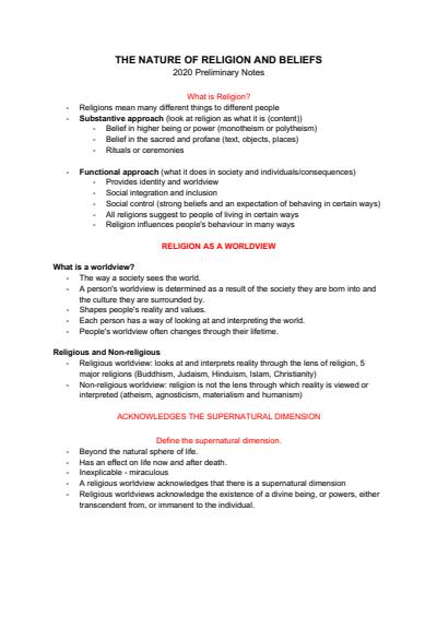 Cover page of PRELIMINARY Yr11 - SoR - Nature of Religion and Beliefs