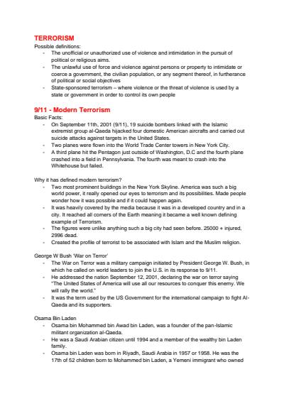 Cover page of PRELIMINARY Yr11 - Modern History - Terrorism