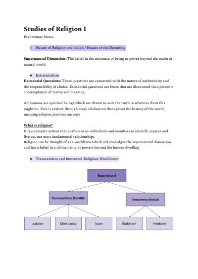 Cover page of Preliminary - SOR I Nature of Religion Notes