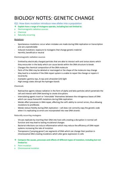 Cover page of HSC biology notes (genetic change)