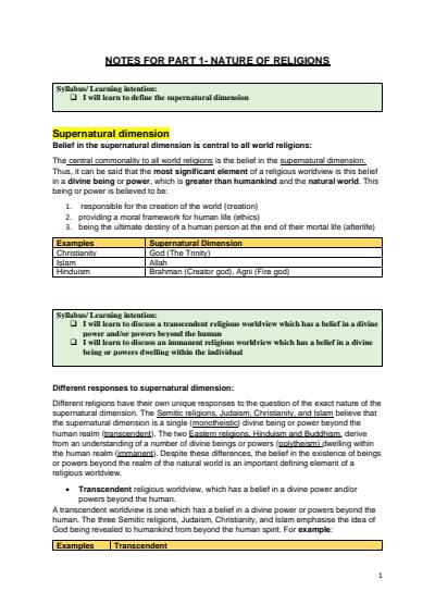 Cover page of Nature of Religion Notes