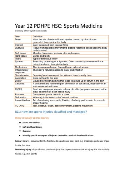 Cover page of PDHPE HSC notes (sports medicine)