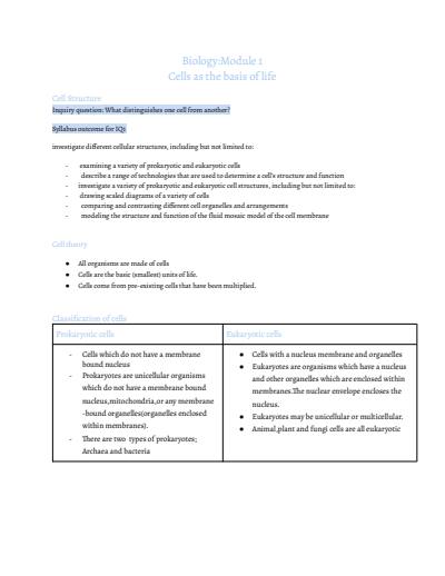 Cover page of Biology extensive notes based on Module 1 