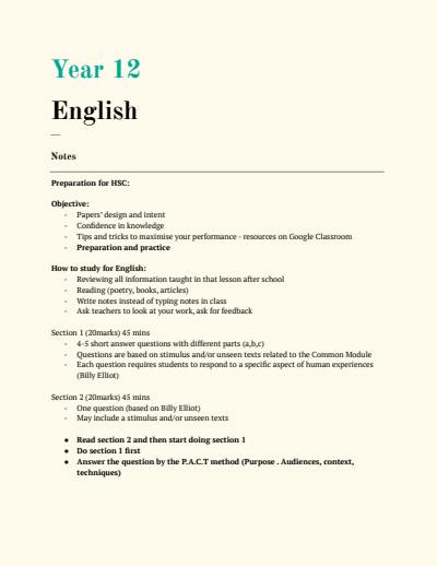 Cover page of English Standard HSC full notes