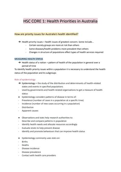 Cover page of PDHPE core 1 notes - 1st in class