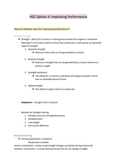 Cover page of PDHPE improving performance notes - first in class