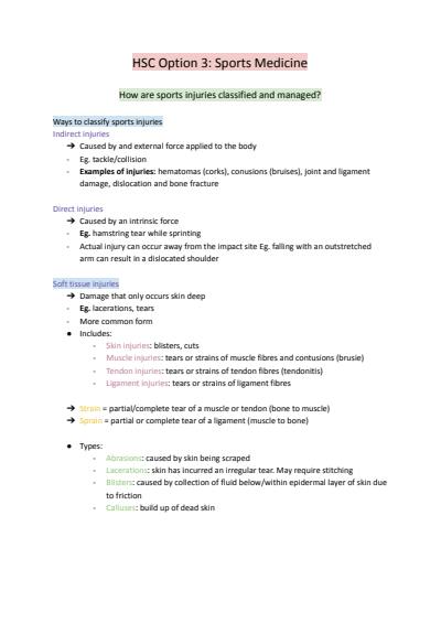 Cover page of PDHPE sports medicine notes - first in class
