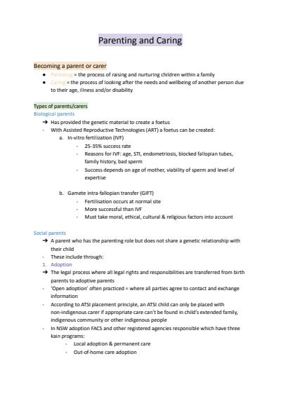 Cover page of CAFS parenting and caring notes - band 6 subject DUX