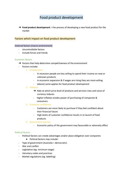Cover page of Food technology food product development notes - band 6 subject DUX