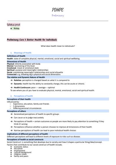 Cover page of PDHPE PRELIM STUDY NOTES
