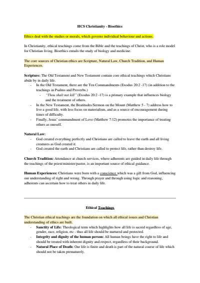 Cover page of SOR Unit 2 - Christianity Bioethics notes 