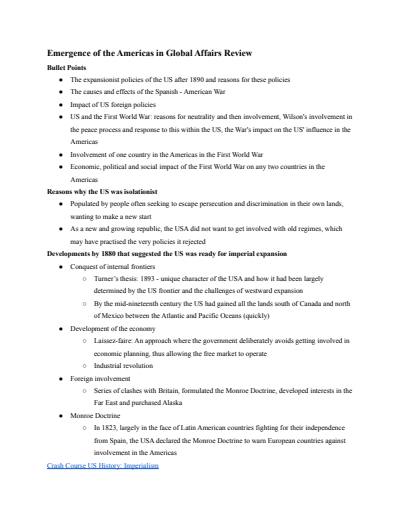 Cover page of HL Paper 3 History of the Americas - Emergence of the Americas in Global Affairs Review Notes
