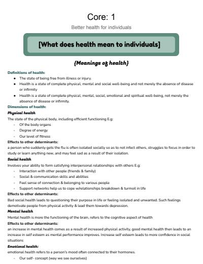 Cover page of Core 1: better health for individuals - summarised prelim study notes 