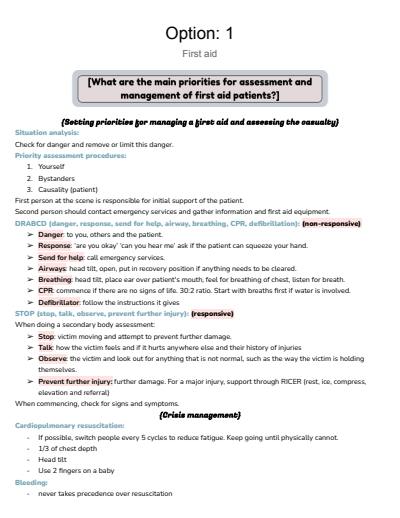 Cover page of Option 1: First Aid - summarised prelim study notes 