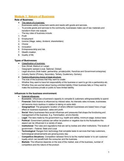 Cover page of Year 11 Business Studies Preliminary Exam Notes