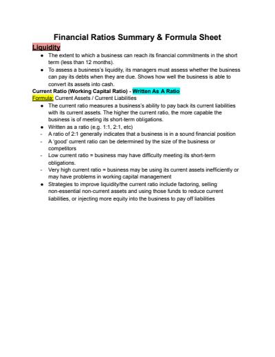 Cover page of Year 12 Business Studies Financial Ratios Summary Sheet