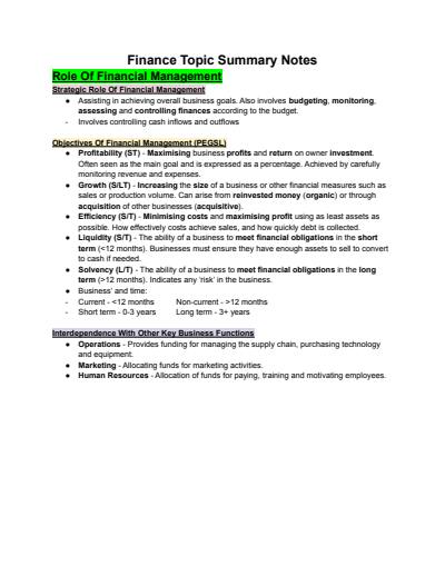 Cover page of Year 12 Business Studies Finance Notes