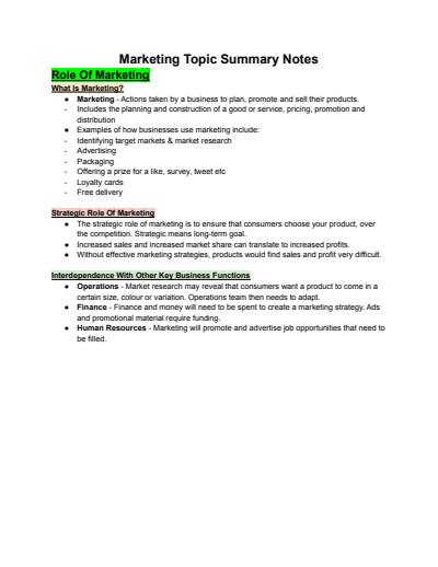 Cover page of Year 12 Business Studies Marketing Notes