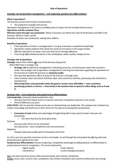 Cover page of Year 12 Operation Business Studies Notes