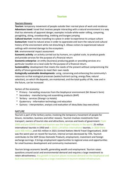 Cover page of People and Economic Activity - Tourism Notes and Taronga Zoo Case Study