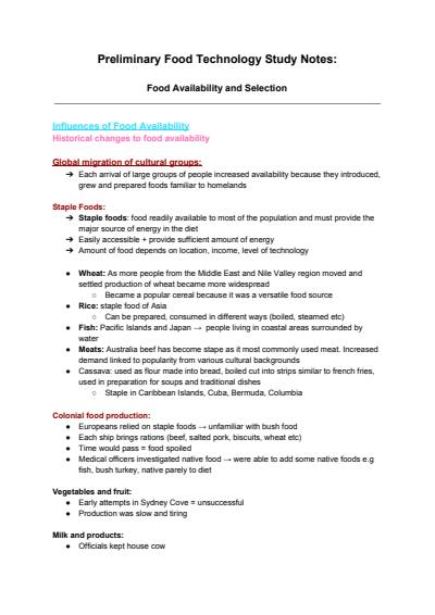 Cover page of Food Technology Summary notes- year 11 notes for yearly 