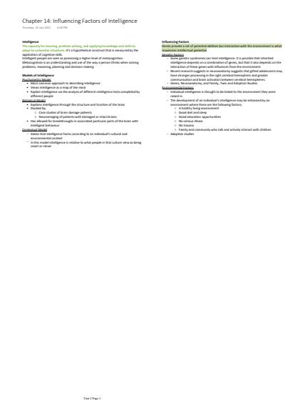 Cover page of Psychology Unit 2 Notes