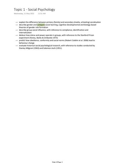 Cover page of Psychology Unit 4 Notes