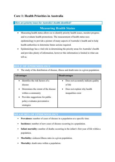 Cover page of HSC PDHPE Syllabus Notes - Health Priorities in Australia (Core 1) 