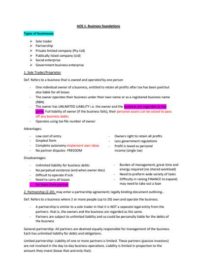 Cover page of Unit 3 VCE Business notes
