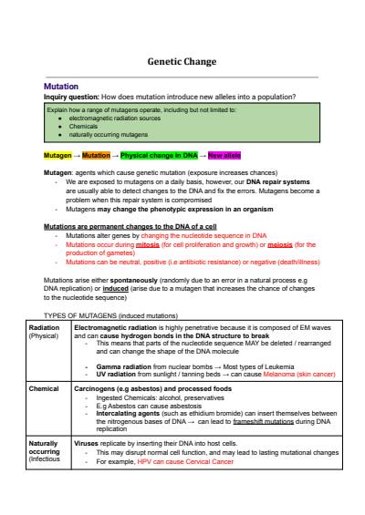 Cover page of 97.5 ATAR HSC BIOLOGY NOTES (Mod 6: Genetic Change)