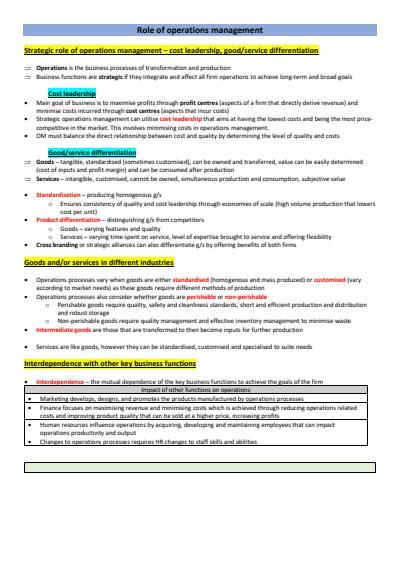 Cover page of Band 6 Business Studies Operations Notes 