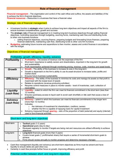 Cover page of Band 6 Finance Business Studies Notes