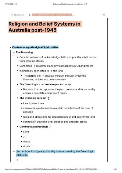 Cover page of SOR Notes - Religion and Belief Systems in Australia post-1945