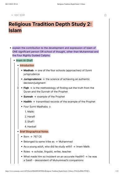 Cover page of SOR - Islam Religious Tradition Depth Study