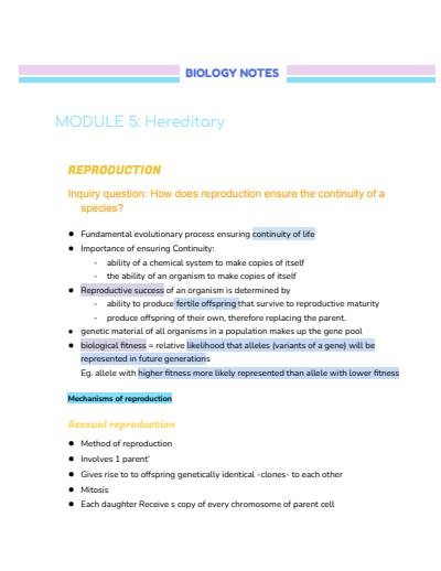 Cover page of HSC Biology Notes: Module 5 Hereditary