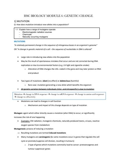 Cover page of BAND 6 HSC Biology Module 6 Genetic Change Notes
