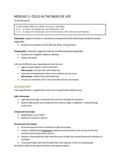 Cover page of Preliminary Biology Module 1 to 4 Notes (School mark: 92)