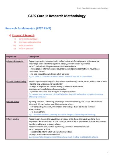 Cover page of STATE RANKED HSC CAFS NOTES - CORE 1 RESEARCH METHODOLOGY