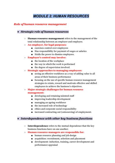 Cover page of MODULE 2: HUMAN RESOURCES IN - DEPTH NOTES