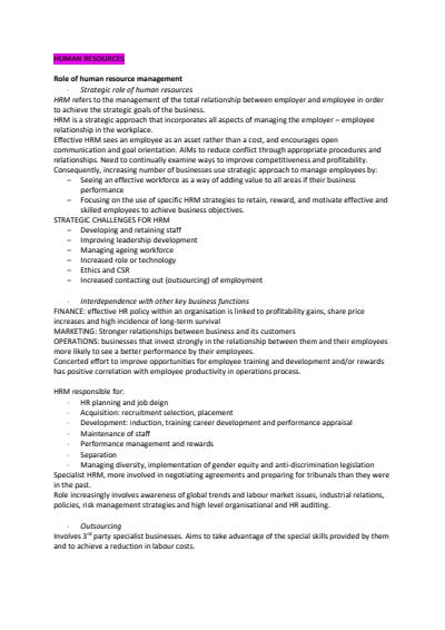 Cover page of BUSINESS STUDIES Human Resources BAND 6 Notes & Case Studies