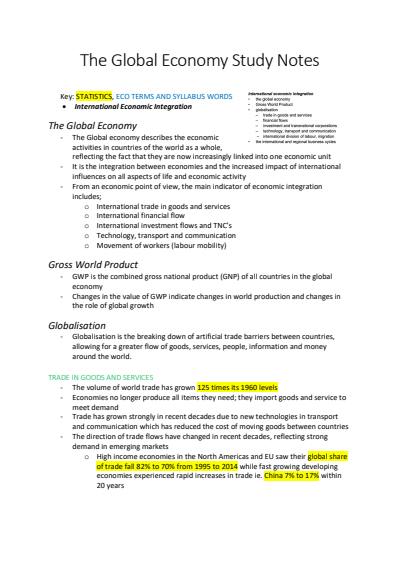 Cover page of HIGH BAND 6 // TOPIC 1 STUDY NOTES: THE GLOBAL ECONOMY